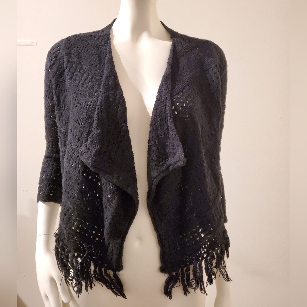 Epic Threads Quarter Sleeve Black Crochet Fringe Cardigan Size Small